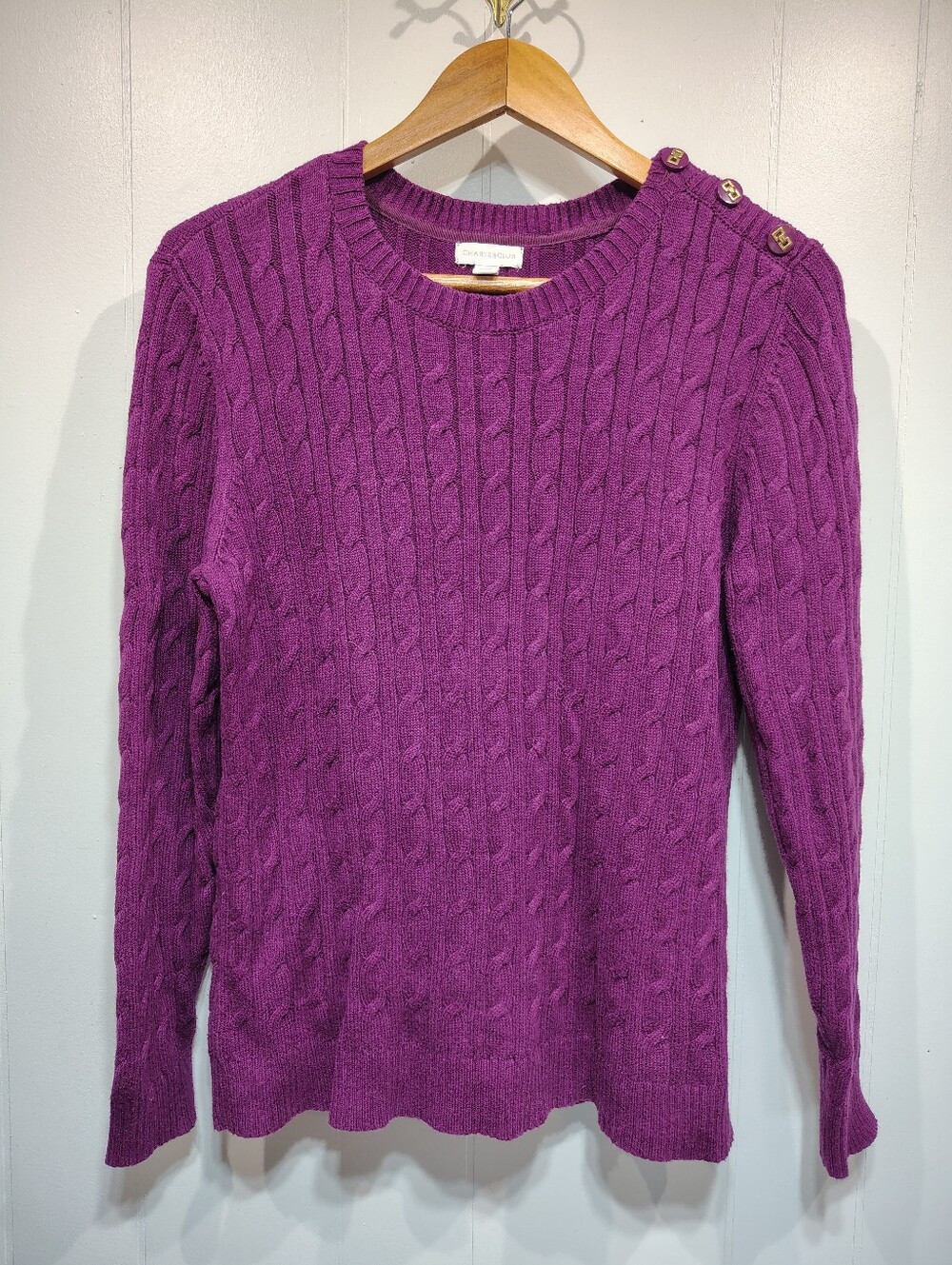 Charter Club Purple Cotton Cable Knit Button Shoulder Sweater Large